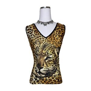 Y2K MK Solo Animal Print Jaguar Face V Neck Tank Top Size Large